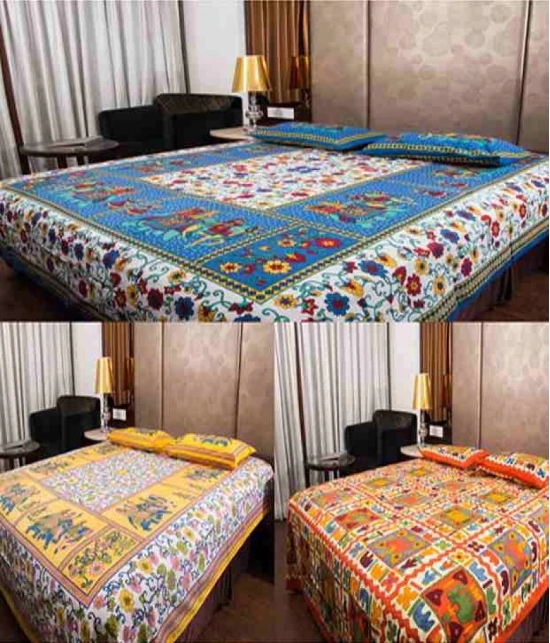 UniqChoice MuliColoured Jaipuri Printed Cotton 3 Double Bed Sheet Combo With 6 Pillow Cover