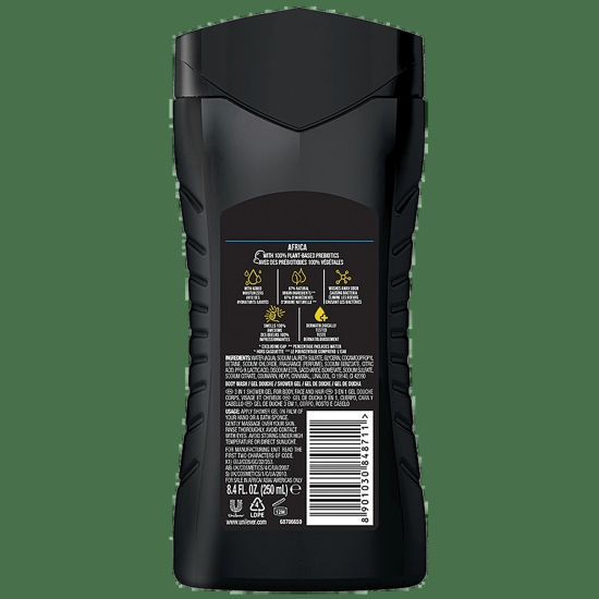 Axe Africa 3 In 1 Body Wash - For Men, Squeezed Mandarin & Sandalwood Scent, Long-Lasting Fragrance, 250 Ml