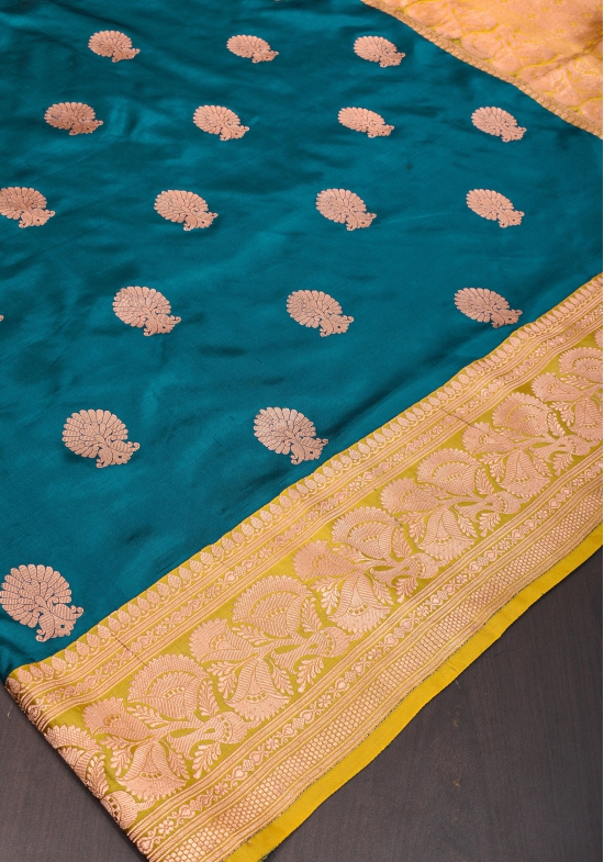 Banarasi Katan Silk Saree in Peacock Blue & Yellow with Damask Motifs | SILK MARK CERTIFIED