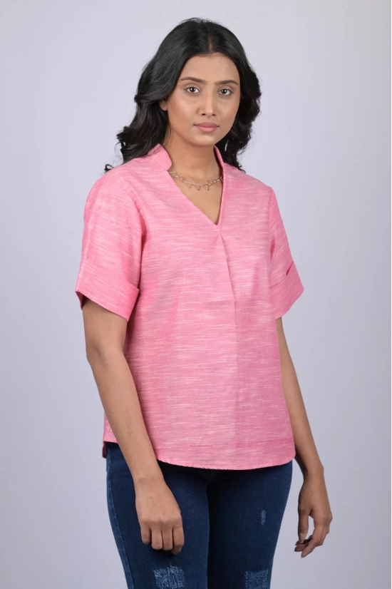 Pink  Colour V-Neck Top With Collar (OTL-TPS1045)-Pink / XL