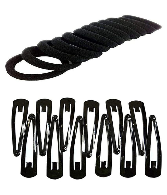 ASG Daily Use Pack of 12 Black Thin Elastic Hair Ties Rubber Band with Metal (6.5 CM) Tic Tac Hair Clip/Hair Pins Hair Accessories Combo 24 Pcs - Black