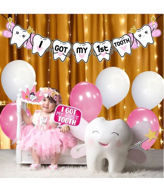 Zyozi I Got My First Tooth Decoration | First Tooth Decoration Items for Baby Girl - Tooth Banner, Balloons with Photo Booth Props & Rice Light (Pack Of 43) - Pink