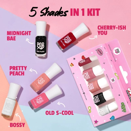 POPxo Makeup - Bestie Mini Nail Kit (Set of 5) | Long Lasting, Chip-Resistant, Glossy Mini Nail Polish Set (3ml x 5)