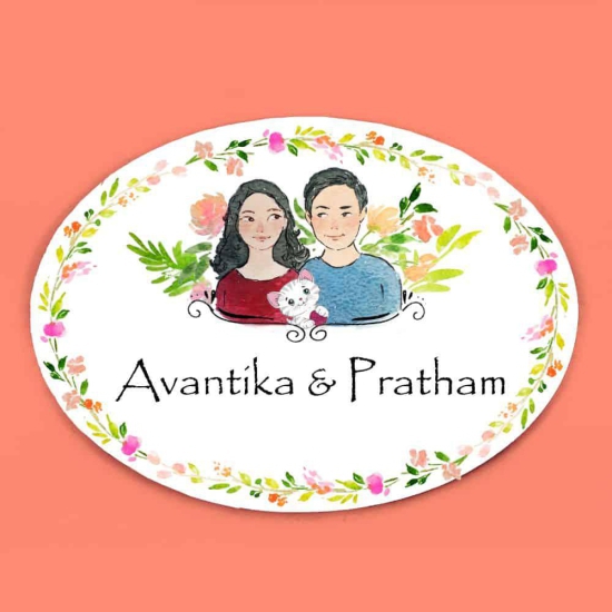 Handpainted Customized Name Plate - Couple with cat Name Plate