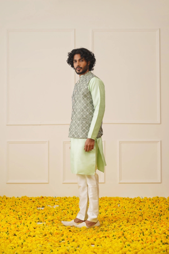 Mens Woven Design Nehru Jacket With Kurta Pyjama Set-S / Green