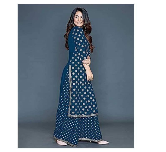 Monica Fashion Style Collection Women's Kurta Sahara Set with Embroidery and Gotta Work/Ethnic Straight Kurti & Sharara Set| Blue