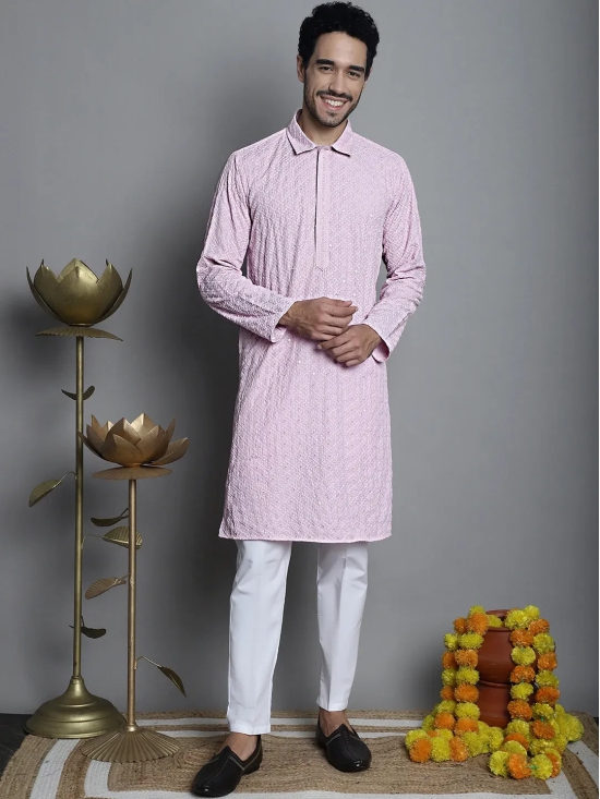 Men's Chikankari Embroidered and Sequence Kurta Only-XXL / Pink