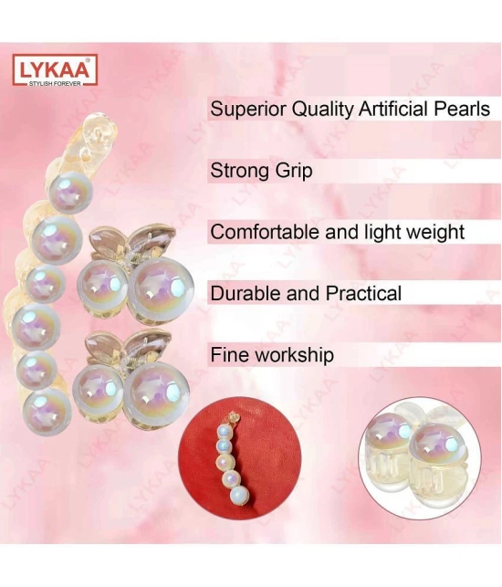 LYKAA Pearl Korean Banana Hair Clip with Two Pearl Clutchers, Ponytail Holder Fancy Clips - 3 Pcs - White