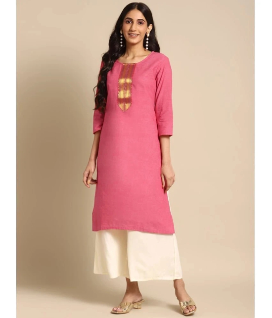 Rangita Women 100% Cotton Pink Zari Tape Placket Knee Length Straight Kurti - None