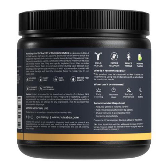 Nutrabay Gold BCAA 2:1:1 with Electrolytes - 5g Vegan BCAAs, Pre/Post Workout Energy Drink - 250g, Green Apple