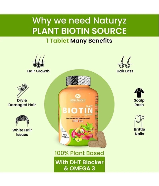 NATURYZ 100% Plant Based Biotin with DTH Omega 3 for Strong Hairs, Nails, Glowing Skin - 60 Tablets