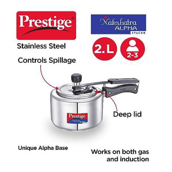 Prestige Nakshatra Alpha Svachh Stainless Steel Spillage Control Pressure Cooker 2 L (Silver)