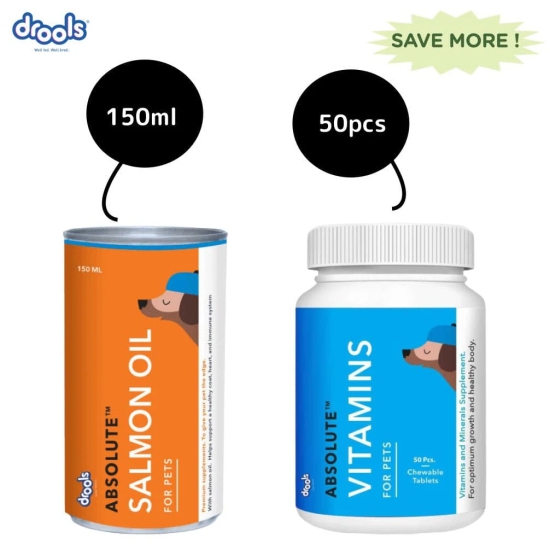 Drools Absolute Salmon Oil Syrup Supplement and Vitamin Supplement Tablets for Dogs Combo-3x150mL + 50pcs