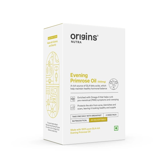 Origins Nutra Evening Primrose Oil | Supports Hormonal Balance, Lowers PMS Symptoms, Improves Skin Health| Evening Primrose Oil | GMP Certified | For Men & Women | 28 Veg Soft Gels