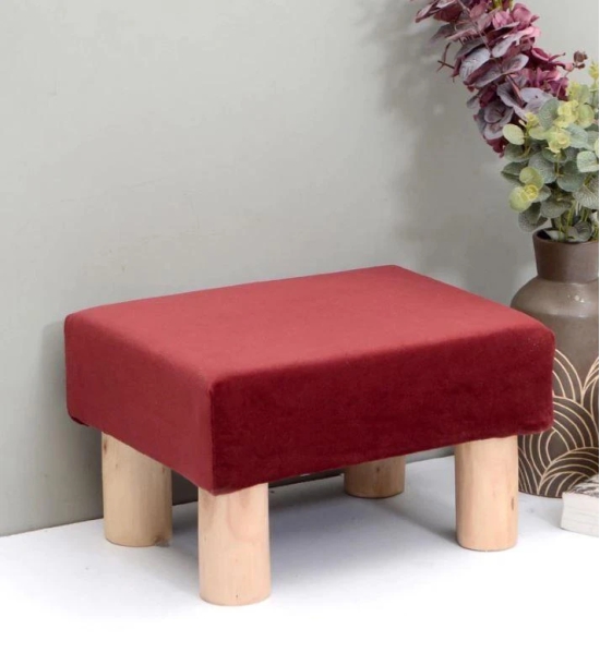 Solid Wood Foot Stool In Velvet Red Colour-Red