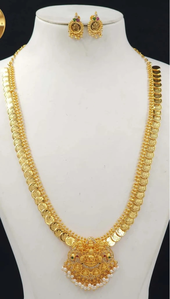 Indian Traditional Gold Plated Lakshmi Kasu Haram Necklace Set with Earrings for Women