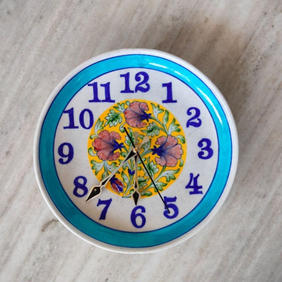 Handmade Blue Pottery wall clock/ flower desgin unique wall clock- 10 Inch.