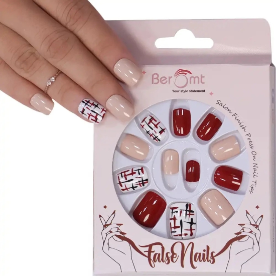 PRINTED SHORT SQUARE NAILS - (NAIL KIT INCLUDED)-Beige Maroon