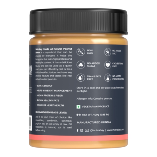 Nutrabay Foods All-Natural Peanut Butter (Crunchy) - Unsweetened, 400g | 100% Roasted Peanuts, 28g Protein, Zero Cholesterol, Vegan, Gluten Free, Non GMO