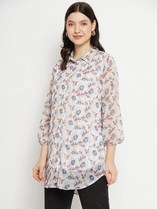 Shirt Collar Floral Printed Tunic