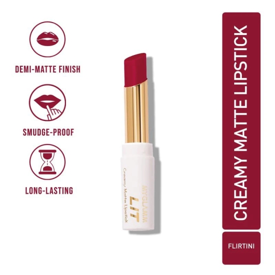 MyGlamm LIT Creamy Matte Lipstick - Flirtini (Classic Deep Red Shade) | Long Lasting, Creamy, Demi-matte Finish Slim Lipstick (3.7g)Flirtini