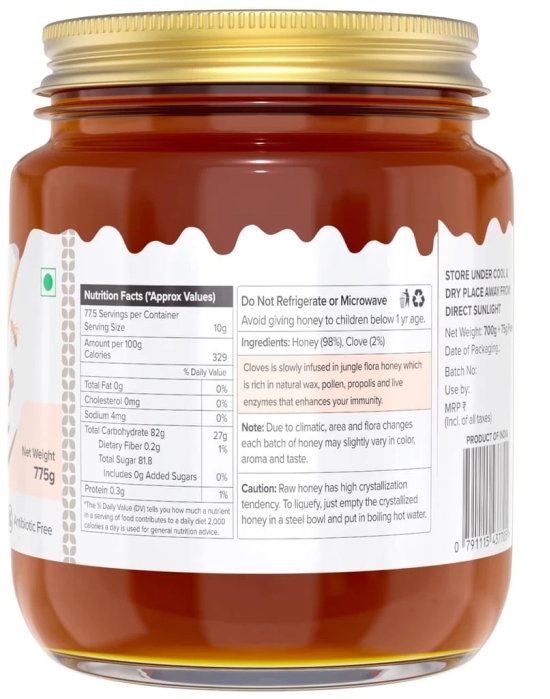 Farm Naturelle Healthy Ginger Infused Honey 700g + 75g Extra |100% Pure Honey| Raw & Unfiltered|Unprocessed|Lab Tested Honey In Glass Jar with Engraved Virgin Wooden Spoon