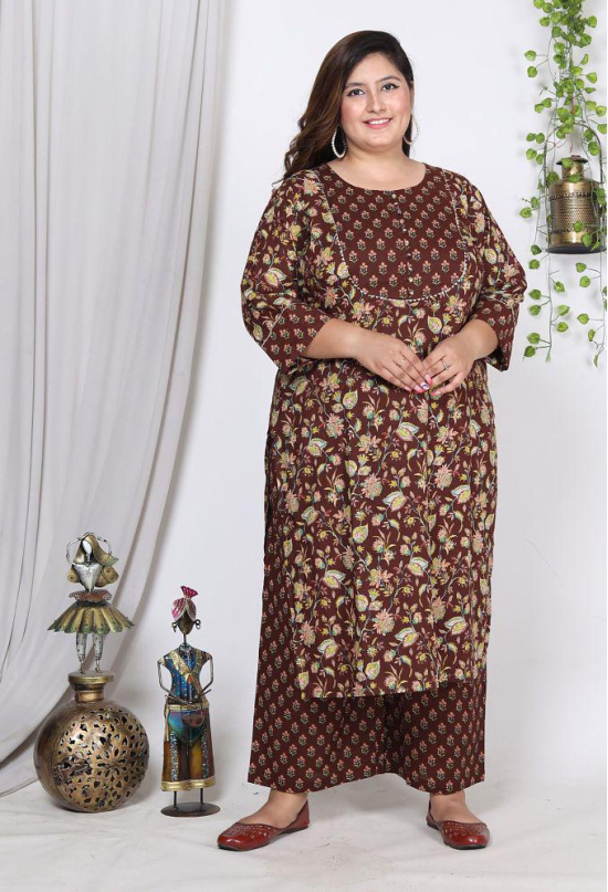 Swasti Cotton Printed Kurti With Palazzo Womens Stitched Salwar Suit - Brown ( Pack of 1 ) - None