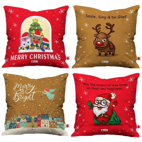 Indigifts Christmas Cushion Covers Holiday Fun With Cute Christmas Characters Multi Set of 4 Cushion Cover 18x18 inches - Christmas Cushion, Christmas Decorations for House, Xmas Decorations