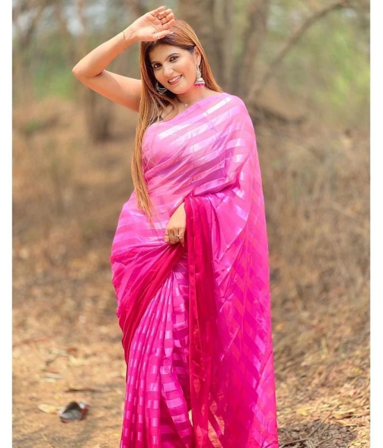 ANAND SAREES Satin Striped Saree With Blouse Piece - Pink ( Pack of 1 ) - Pink