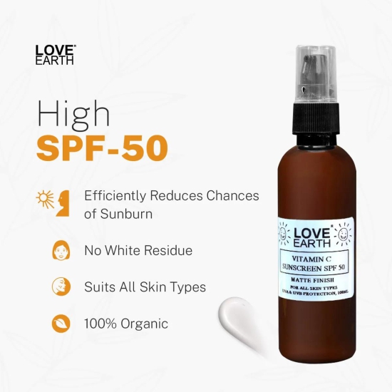 Love Earth Vitamin C Sunscreen SPF-50 For Sun`s UVA, UVB Ray Protection With Vitamin C & Essential Oils For All Skin Types 50ml