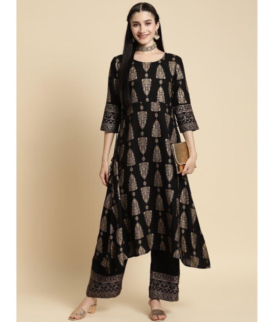 Rangita Women Rayon Black Gold Printed Calf Length A-Line Kurta With Palazzo Set - None