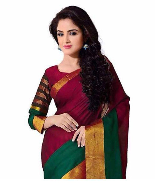 BHUWAL FASHION Green and Brown Cotton Silk Saree - Red