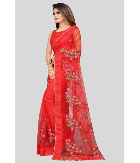 Gazal Fashions - Red Net Saree With Blouse Piece ( Pack of 1 ) - Red