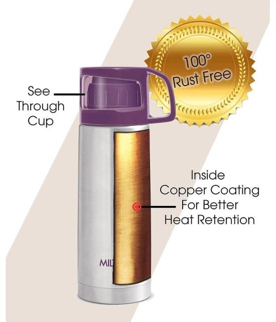 Milton Glassy 350 Thermosteel 24 Hours Hot and Cold Water Bottle with Drinking Cup Lid, 350 ml, Purple - Purple