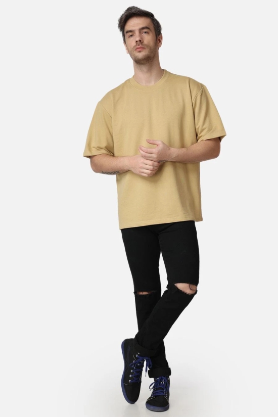 Beige Plain Oversized Drop Shoulder T-Shirt-M / Beige