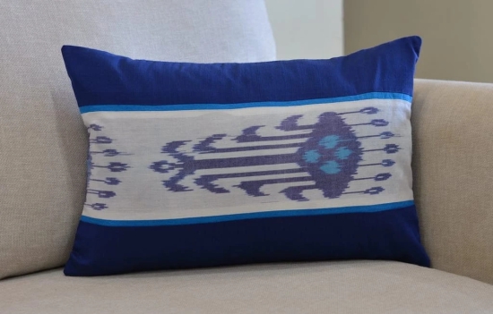 Ikat Bold Design Printed Cotton White and Blue Lumbar Cushion Cover Size 12x18