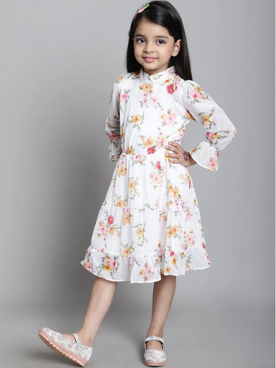 MINI & MING Girls Floral Printed Bell Sleeve Georgette Fit & Flare Dress