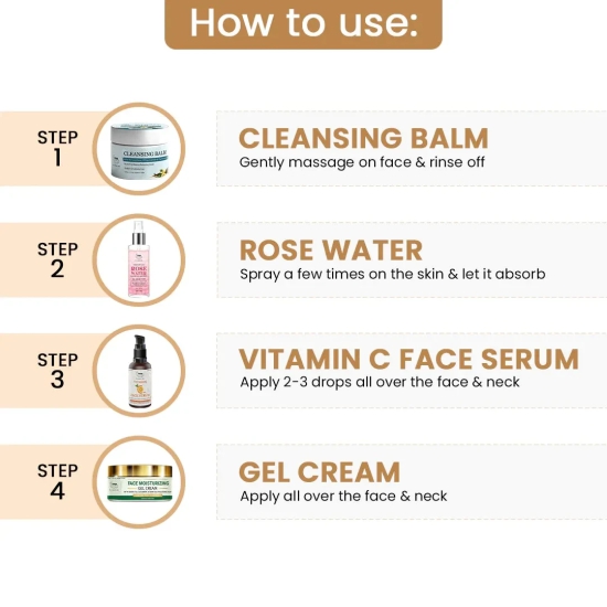 Make Up Removal Kit (Vitamin C Face Serum, Rose water, Face Moisturizing gel cream, Cleansing balm + Get a FREE Pouch)