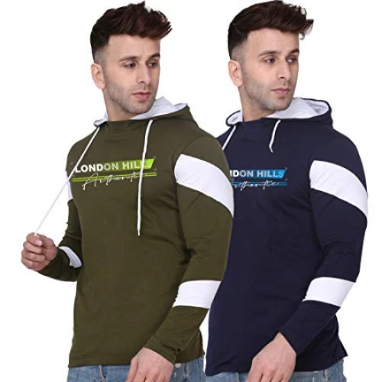 London Hills Mens Regular Fit Printed Full Sleeve Cotton Blend Hooded T-Shirt (Pack of 2)