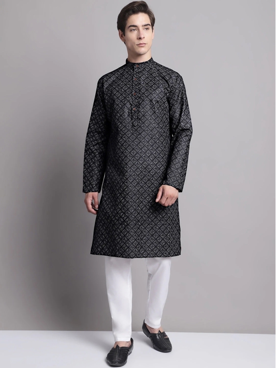 Mens Black Printed Pure Cotton Kurta-XL / Black