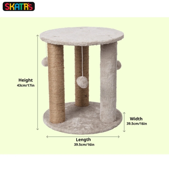 Skatrs Whisker Wonderland Circular Three Scratching Post with Hanging Pom Pom Cat Tree Toy Grey-1.4ft