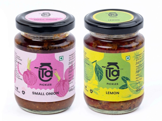 Ta Pickles | Small Onion & Lemon Ginger Green Chilli Pickle | 150g [Pack of 2] Combo Made with Cold Pressed Oil | Homemade | Traditional Indian Taste