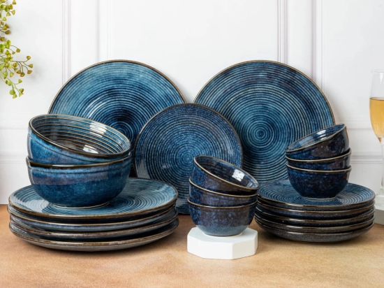 Handcrafted Stoneware Reactive Glaze Ceramic Dinner Set, 20 Pieces Serving for 6, Microwave and Dishwasher Safe, Bone-ash Free, Crockery Set for Dining and Gifting, Reactive Blue