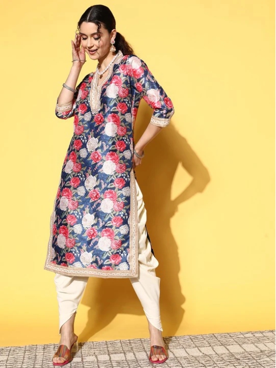 Women Navy Blue Floral Printed Pleated Kurta with Dhoti Pants