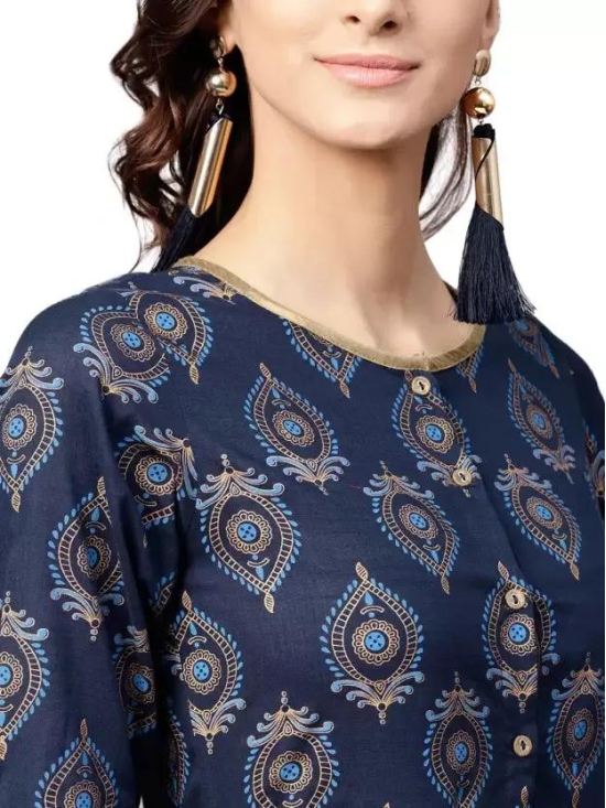 Navy Blue & Golden Ethnic Motifs Printed Cotton Ethnic Fit & Flare Midi Dress For Women-Large