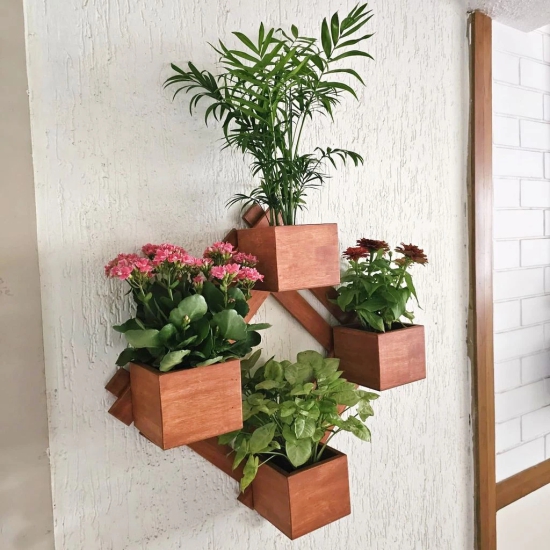 BARISH - Wall Mounted Planter - Diamond | Handcrafted with Rubberwood | Indoor Planter Frame with Stand 25 x 25 x 6 Inches