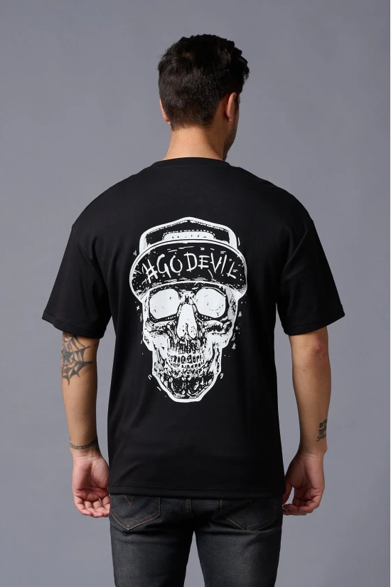 #Go Devil With Skull (in White) Printed Black Oversized T-Shirt for Men XL