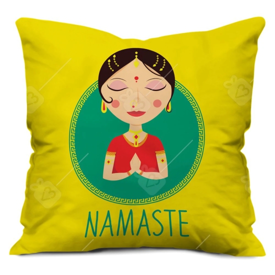 Indigits Festival Gifts Diwali Christmas New Year Set of 3 Yellow Warm Greeting Namaste Indian Lady Printed Polyester 12X12 Cushions Home Family Friends