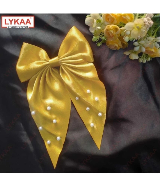 Lykaa Large Satin Hair Bow with Pearls Longtail Clips Hair Accessories for Women -1 Pcs (Multicolor) - Mustard