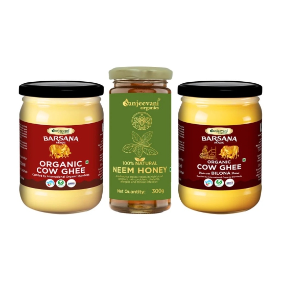 Sanjeevani Glass Jar Pack of 3 | 100% Natural Neem Honey | Raw Unprocessed Natural Neem Honey 300g | Barsana Organic Cow Ghee 500ml | Pure, Natural & Healthy | Lab Tested | Barsana Magic Bilona Ghee Made by Natural Bilona Process 500ml